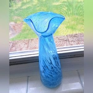 Murano Style Art Glass Ruffle Top Vase Blue/White Swirls, 8.5" Murano Style Blue